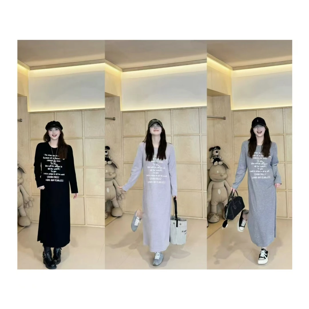 晶咕【糯米团子】高级感纯色胸前字母印花软糯料长袖连衣裙