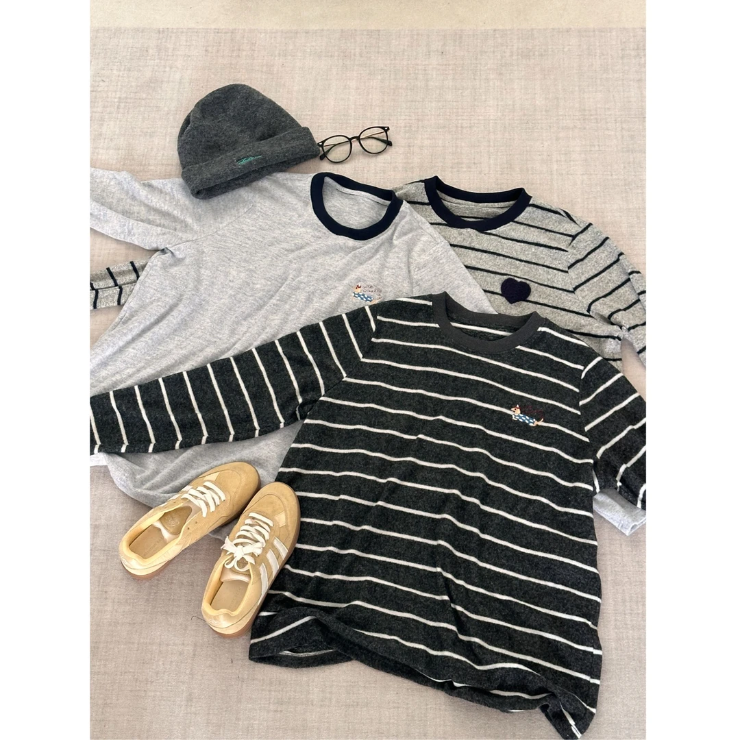 晶咕【暖呼呼】德绒条纹撞色宽松圆领胸前刺绣长袖上衣