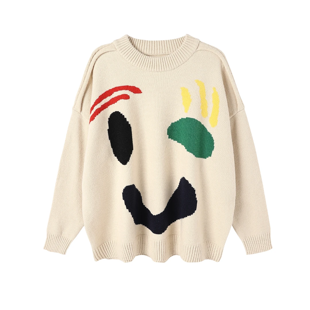 晶咕白标专供~玩味笑脸设计撞色圆领套头毛衣宽松女士白色冬季