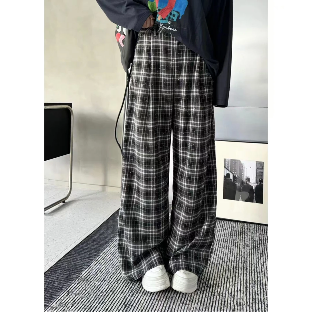 晶咕【格纹星河】设计感复古格纹撞色烫钻高腰宽松阔腿裤