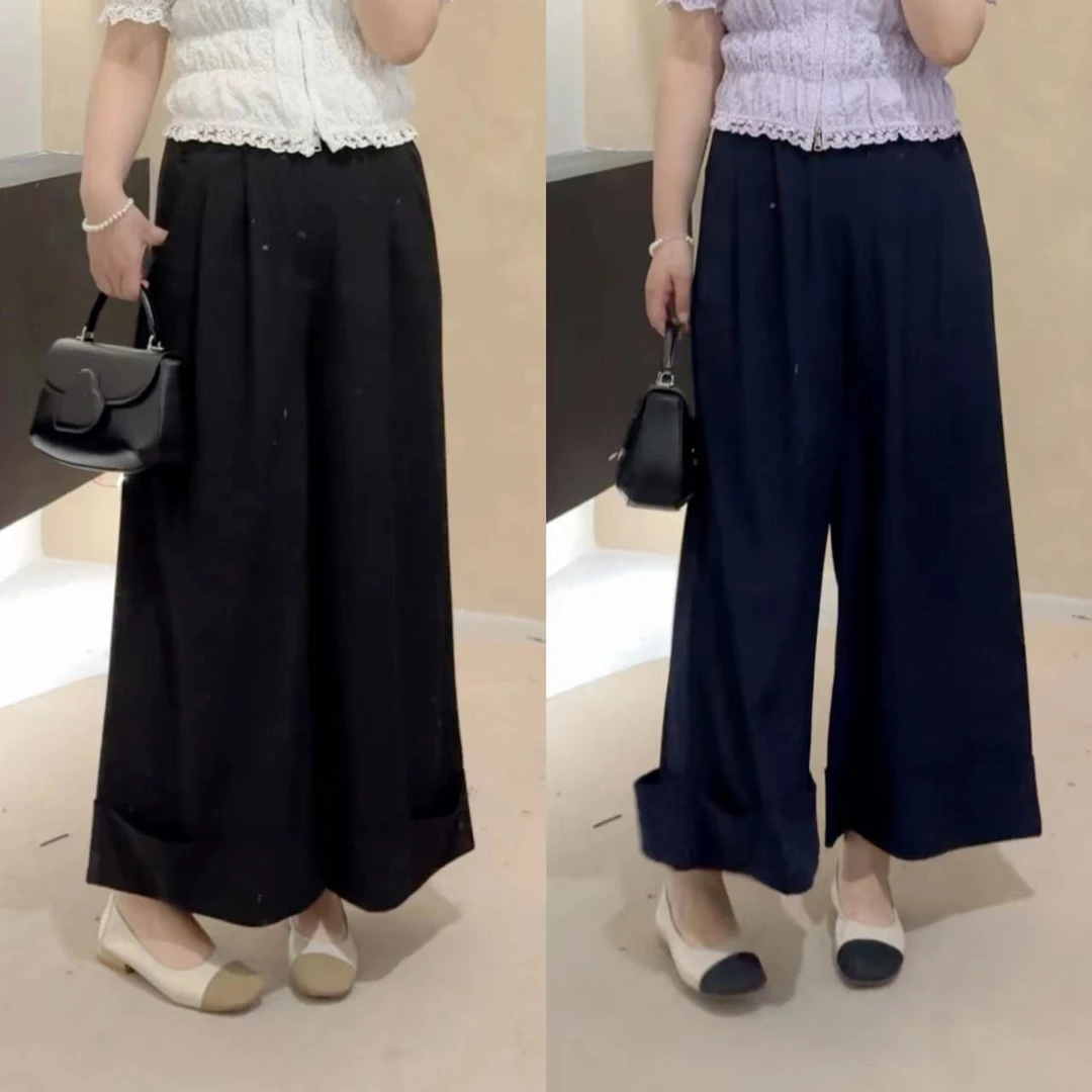 晶咕【腔调满分】松紧腰裤脚翻边设计阔腿西装裤休闲裤高腰百搭