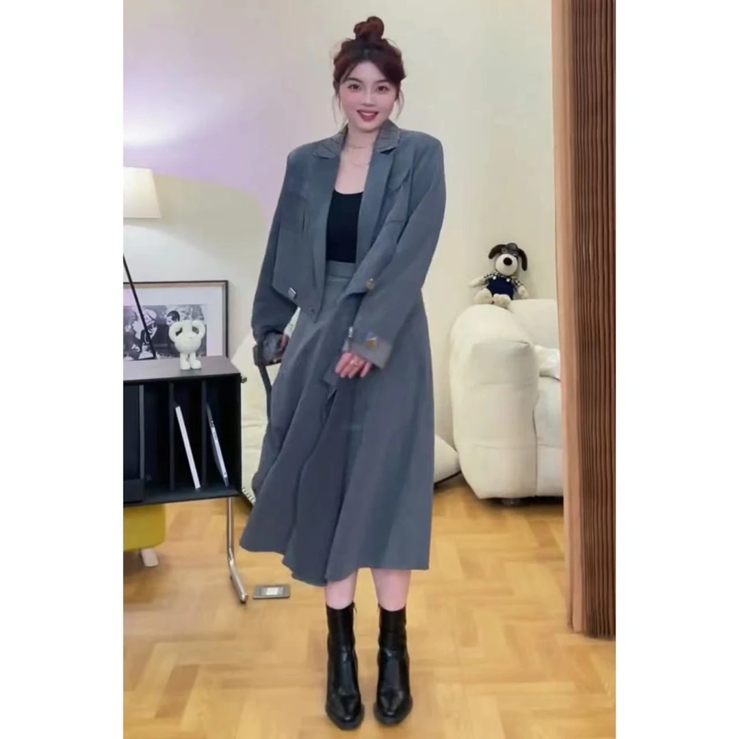 晶咕「港岛日落」时尚拼接压线口袋短西装外套+半身裙两件套