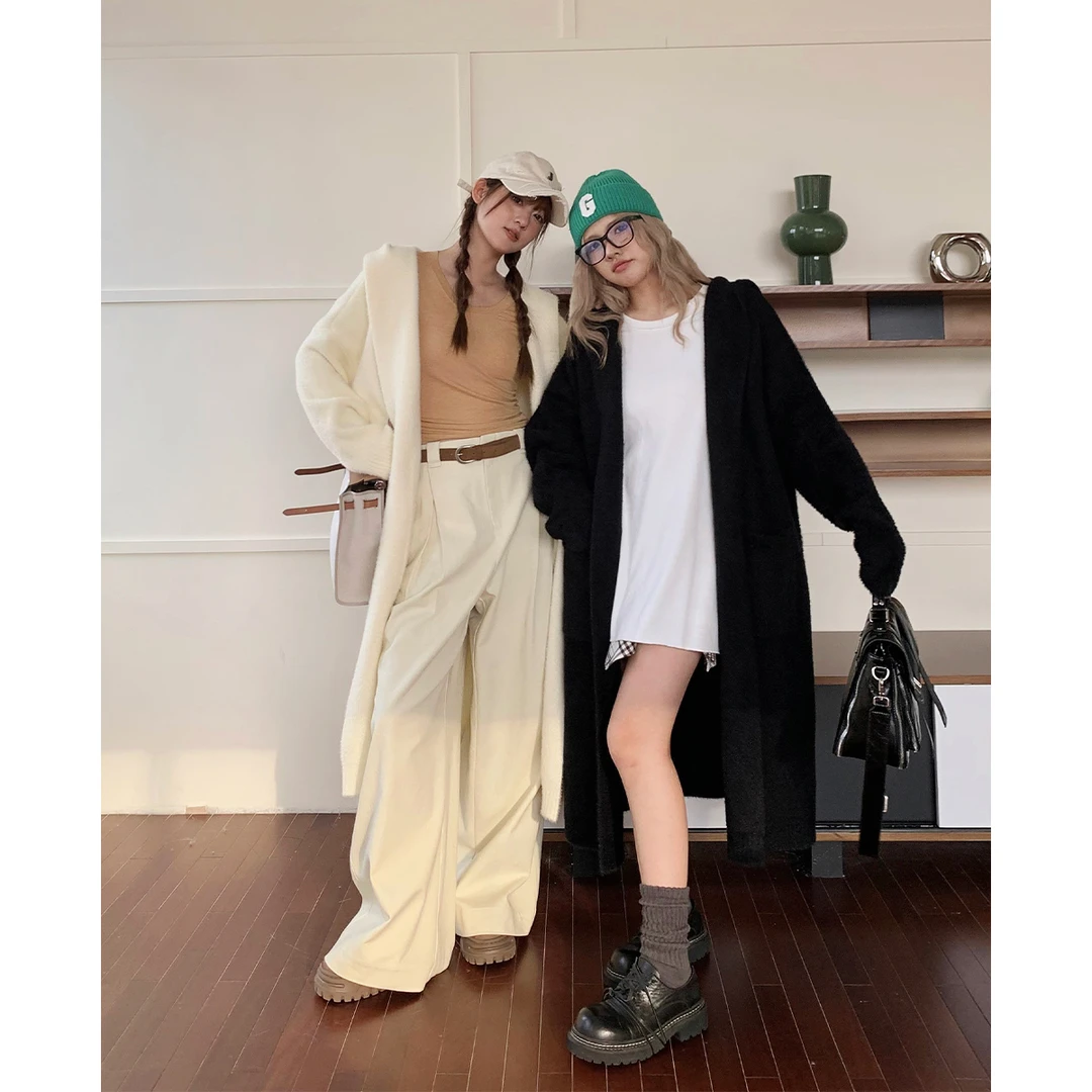 晶咕白标~仿水貂毛连帽开衫毛衣外套女秋季大码宽松慵懒风上衣