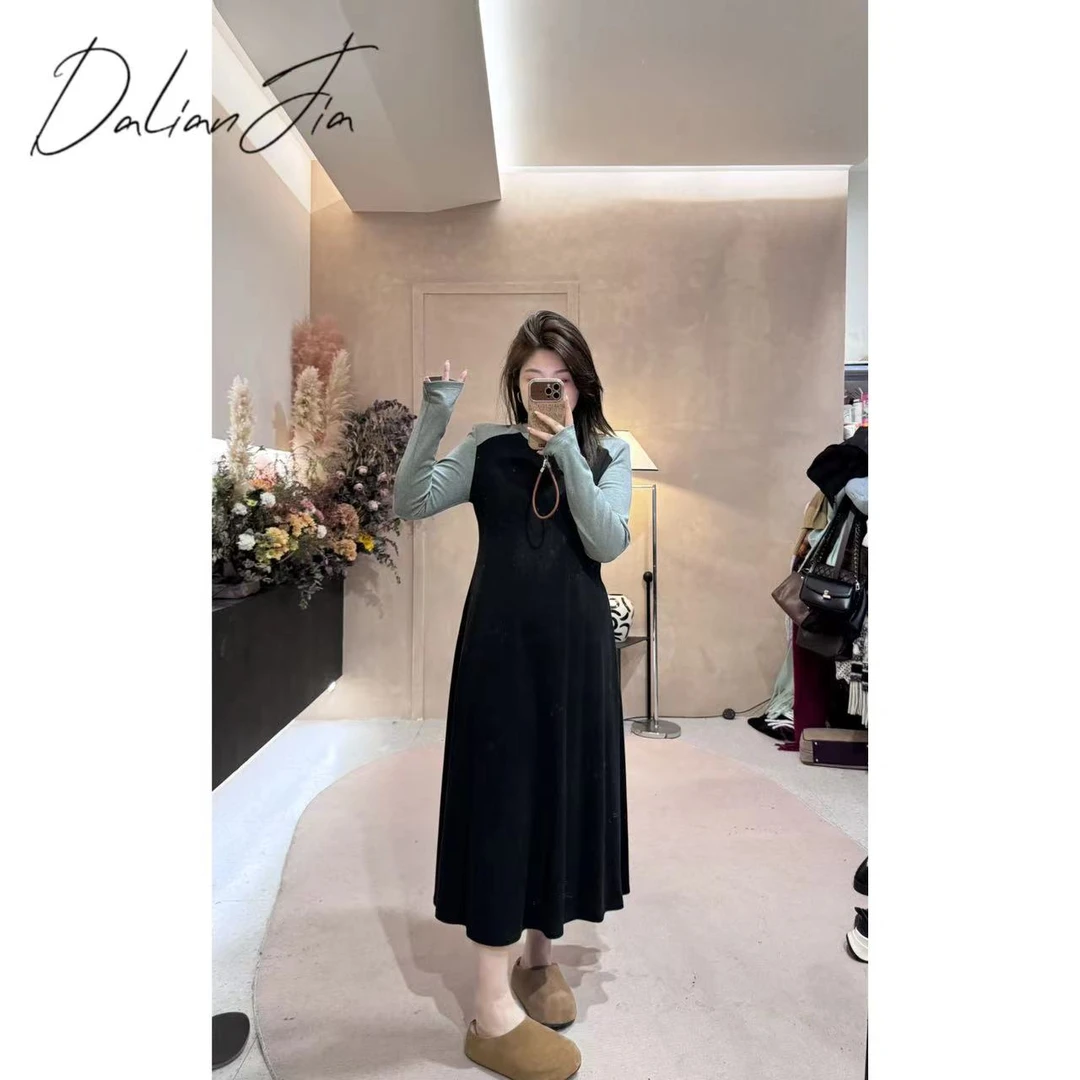 晶咕佳佳【修身时尚】显瘦秋冬拼色设计感插肩袖修身长袖连衣裙