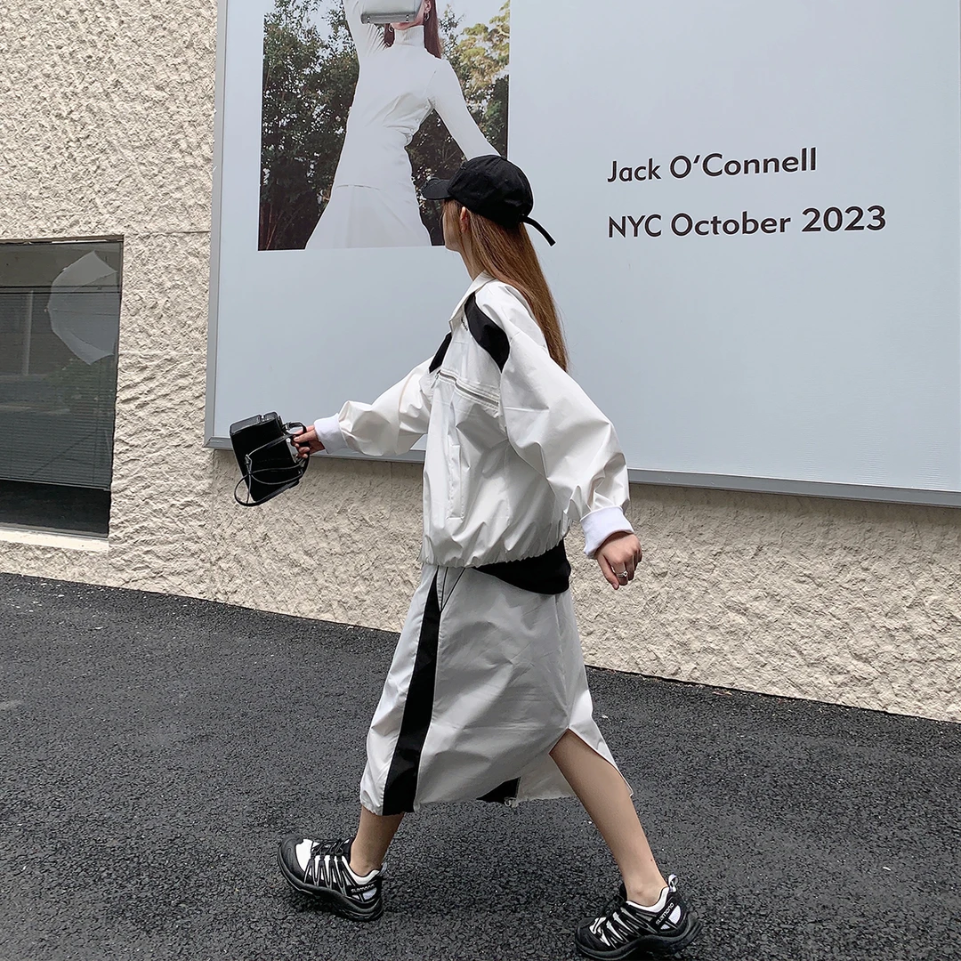 晶咕白标~撞色外套外套开叉半身裙休闲套装女秋季大码两件套