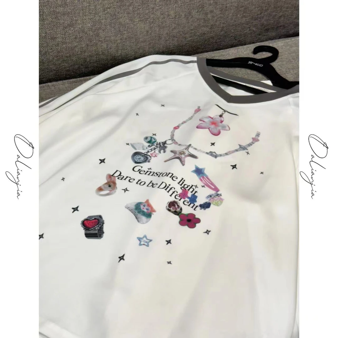 晶咕【少女热潮】趣味图案印花运动球衣风上衣T恤长袖时尚宽松