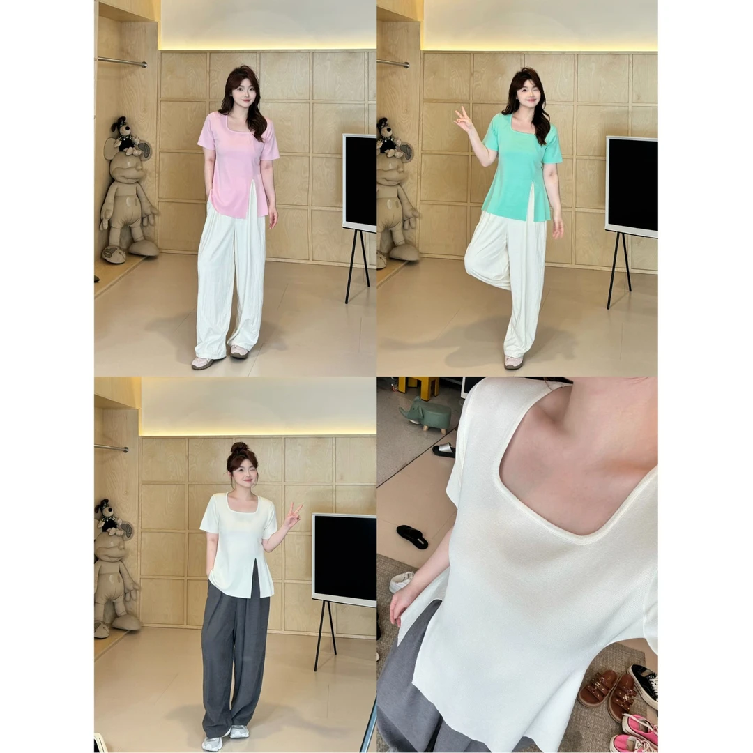 晶咕【自定义】韩版大方领纯色针织冰感下摆开叉短袖上衣小衫