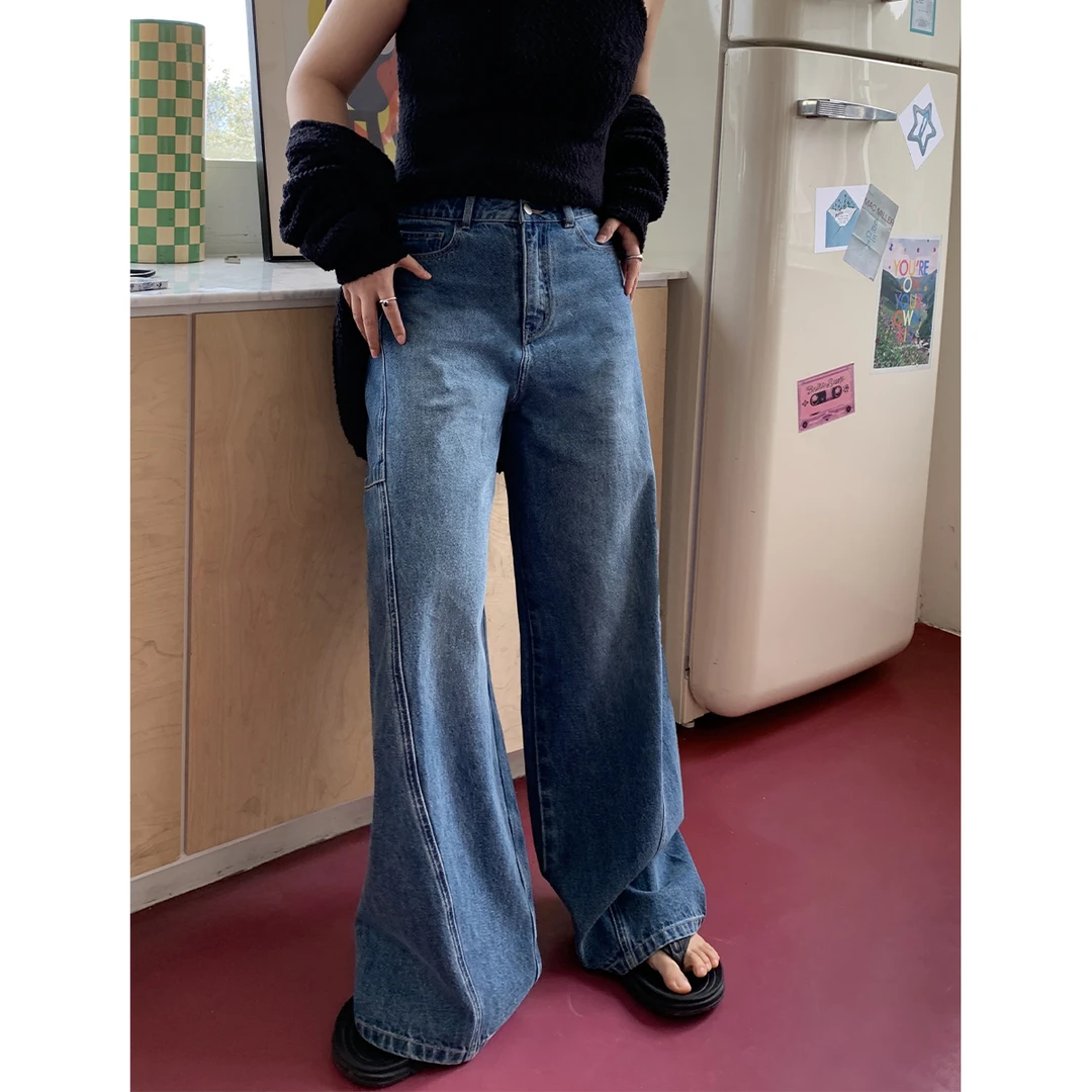 晶咕白标~复古斜切分割拼接阔腿牛仔裤女春季大码显瘦香蕉裤