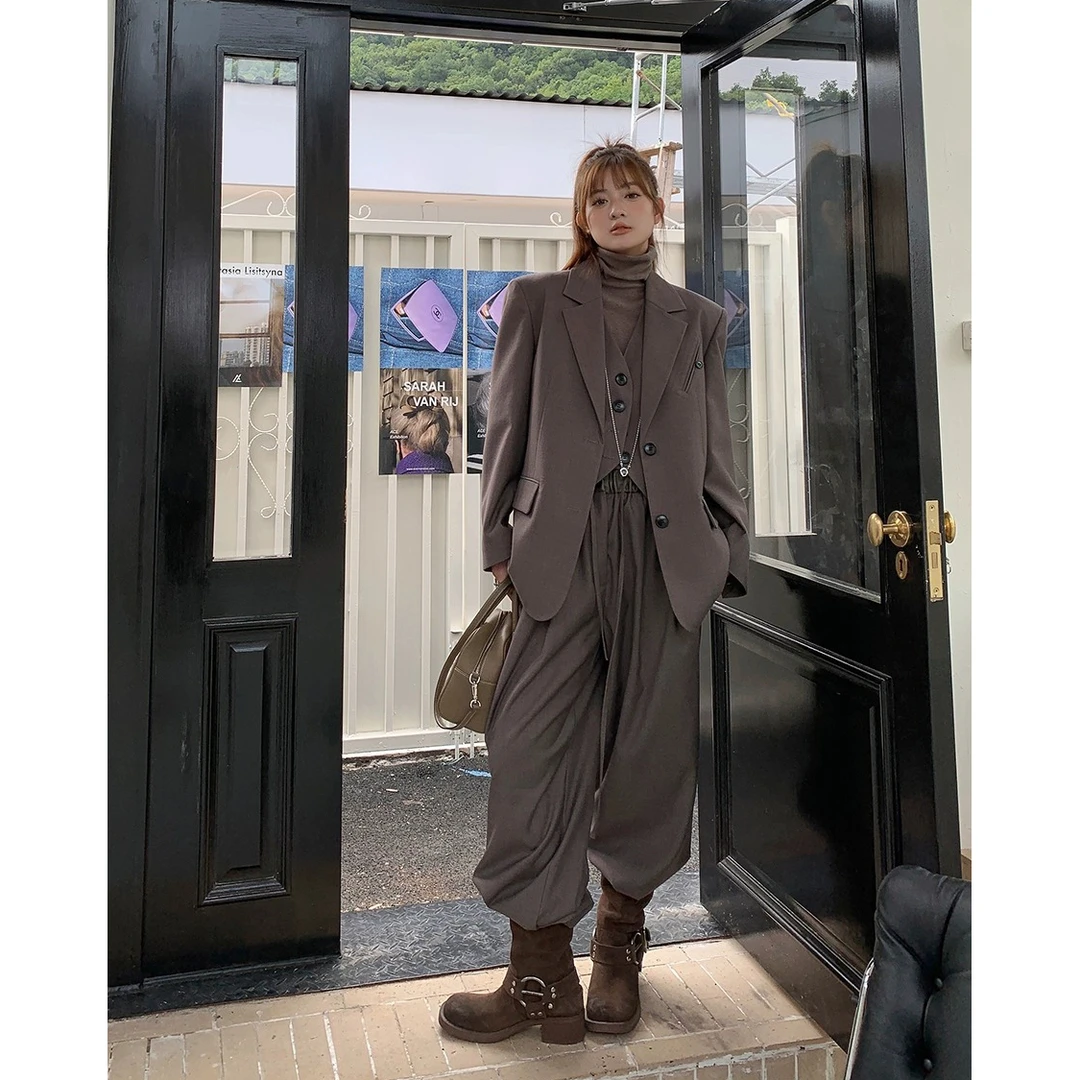 晶咕白标~女绅进阶~时尚设计感气质马甲+裤子+西装外套三件套套装