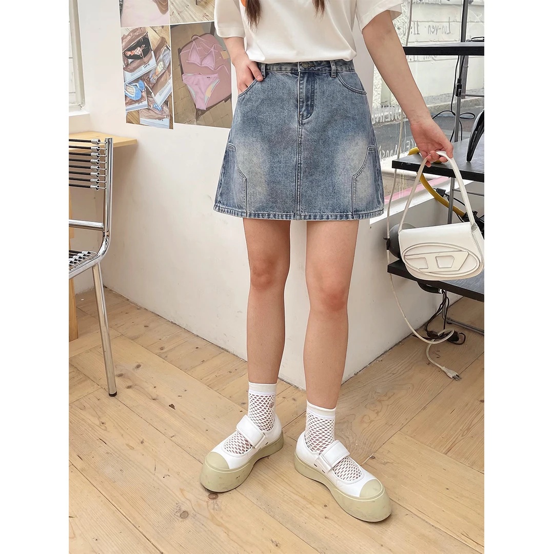晶咕白标~短款复古水洗高腰A字牛仔半身裙女春季大码显瘦裙子