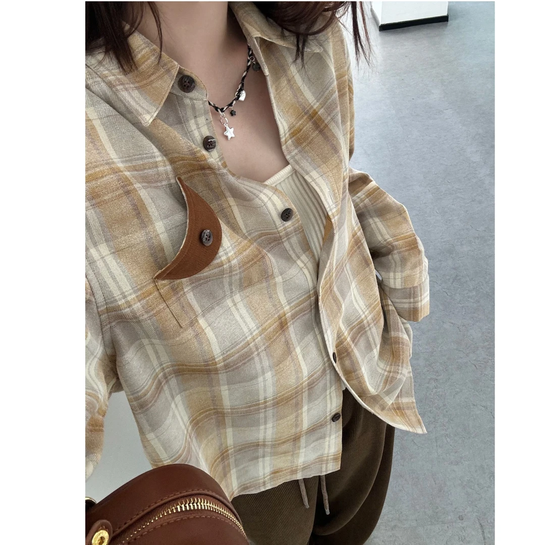 晶咕【晕染方块】复古晕染格子拼色宽松polo领减龄长袖衬衫