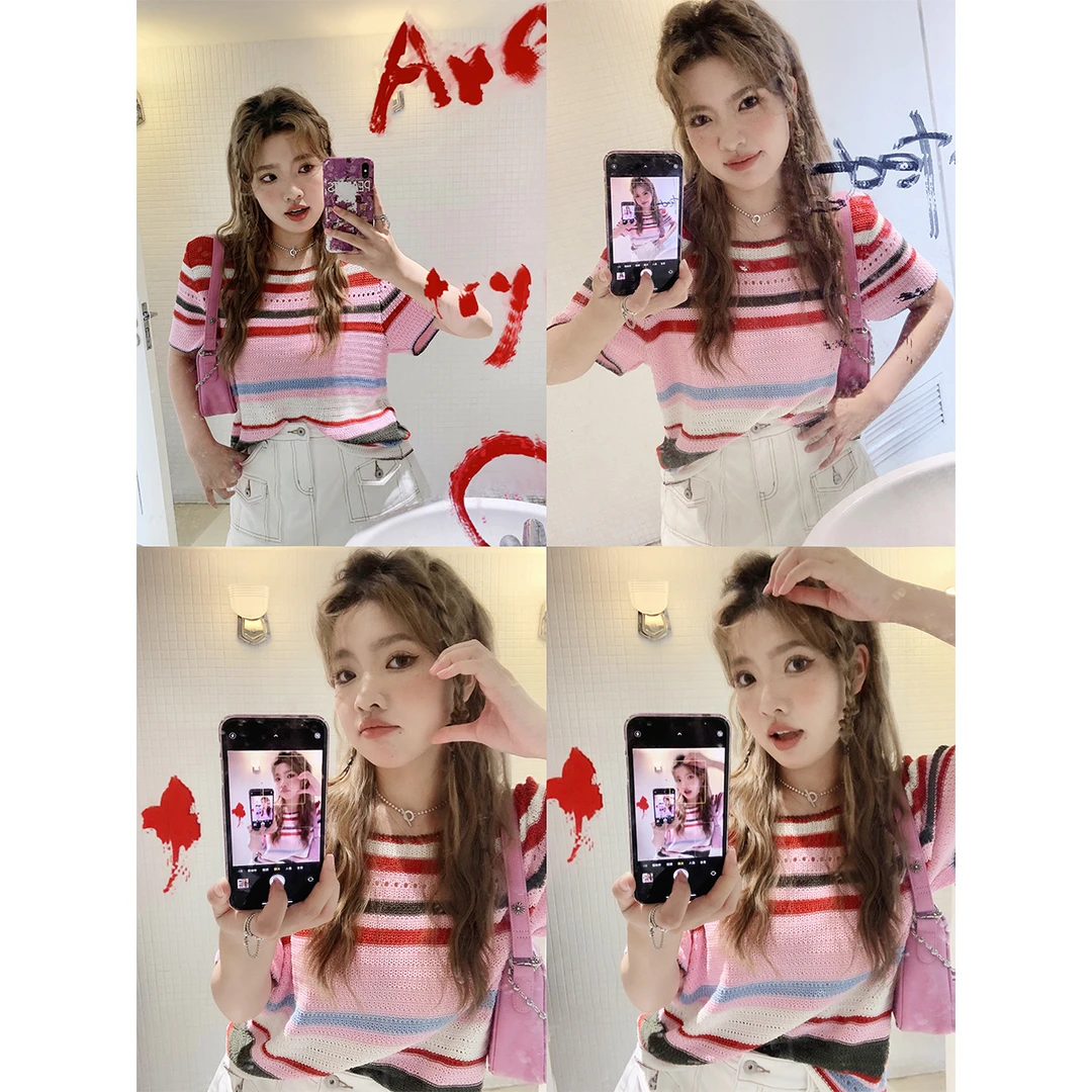 晶咕白标~少女风多巴胺条纹针织T恤女夏季大码背心上衣显瘦撞色