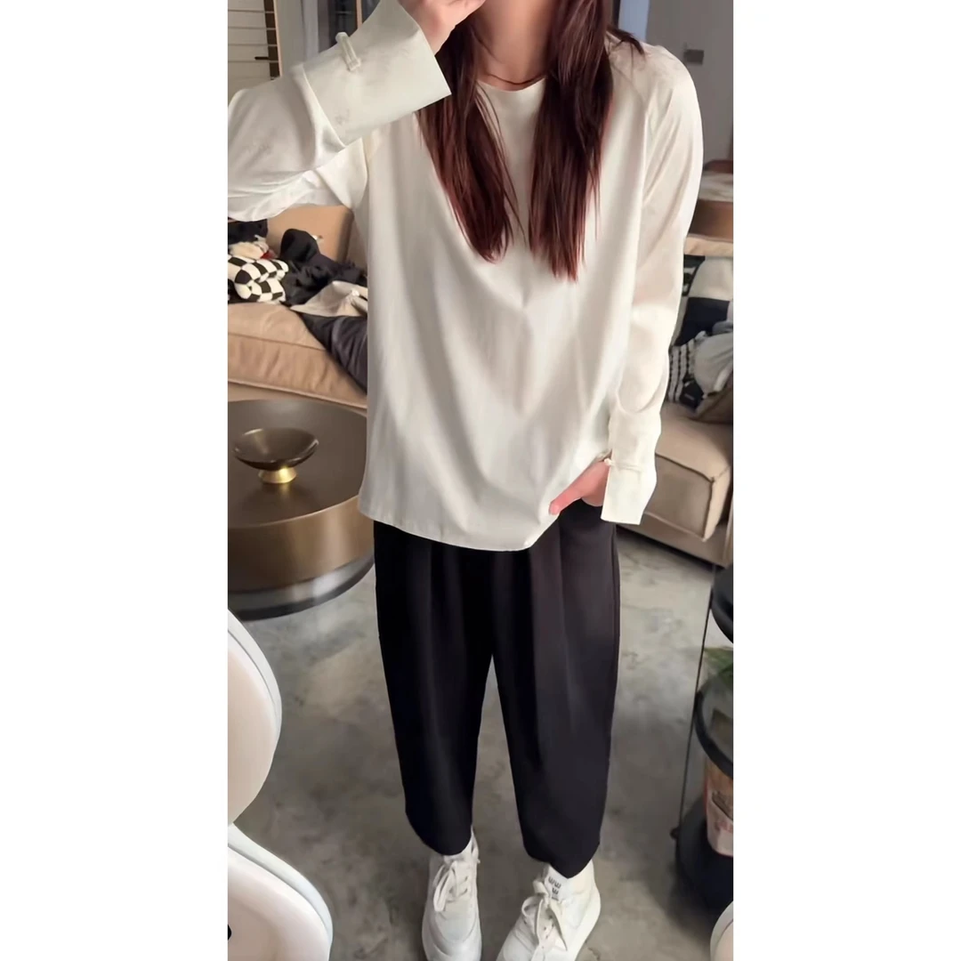 晶咕【清梦园】圆领纯色拼接国风元素长袖盘扣T百搭宽松显瘦气质