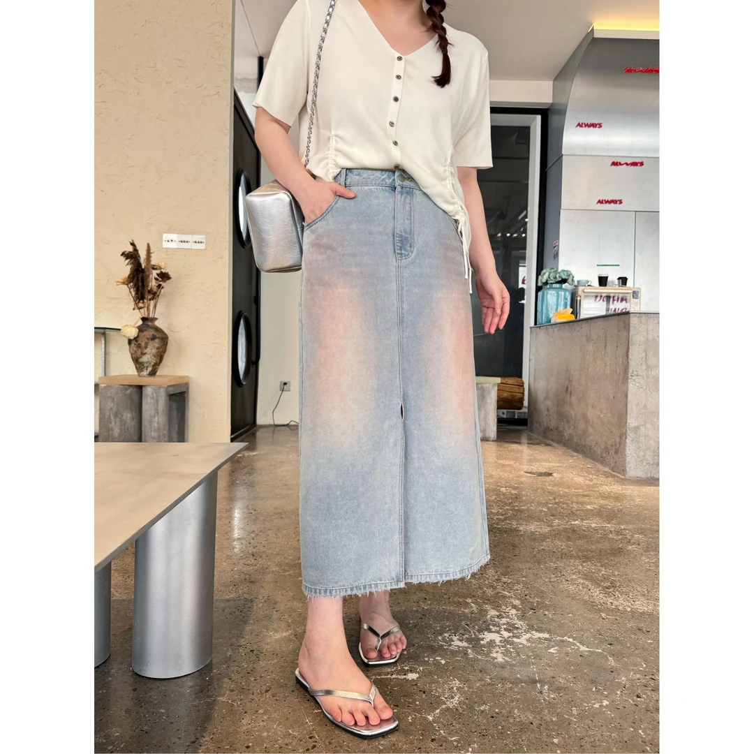 晶咕【腮红裙】韩系复古高腰水粉晕染显瘦牛仔A字半身裙