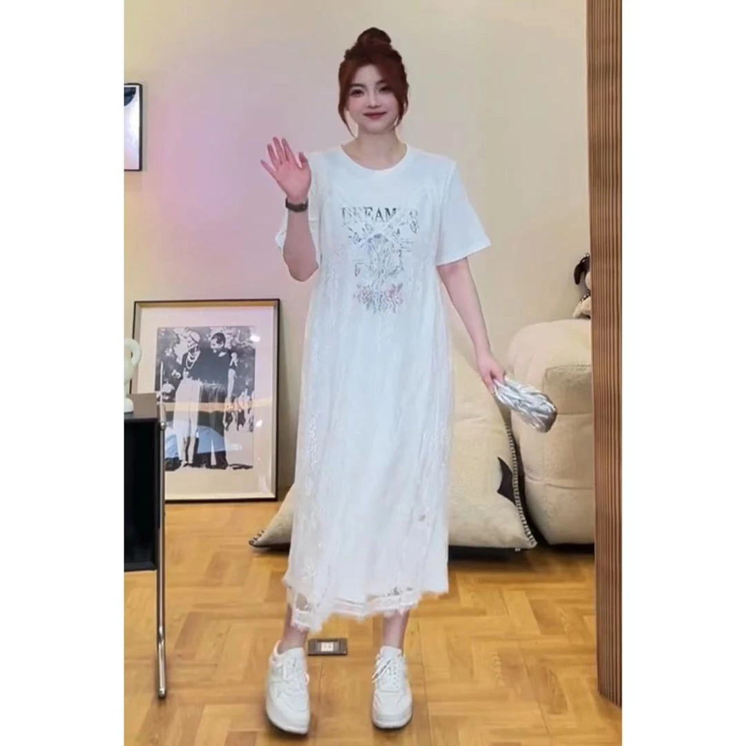 蕾蕾公主「云间花房」圆领印花T恤连衣裙+蕾丝吊带两件套套装短袖
