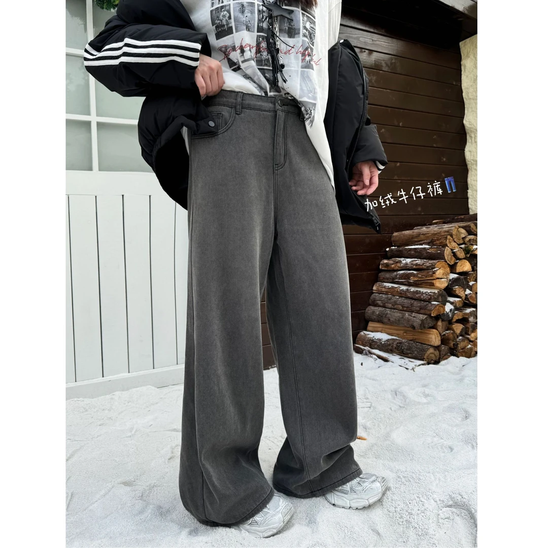 晶咕【C位牛仔裤！】美式水洗做旧半松紧高腰加绒牛仔阔腿裤
