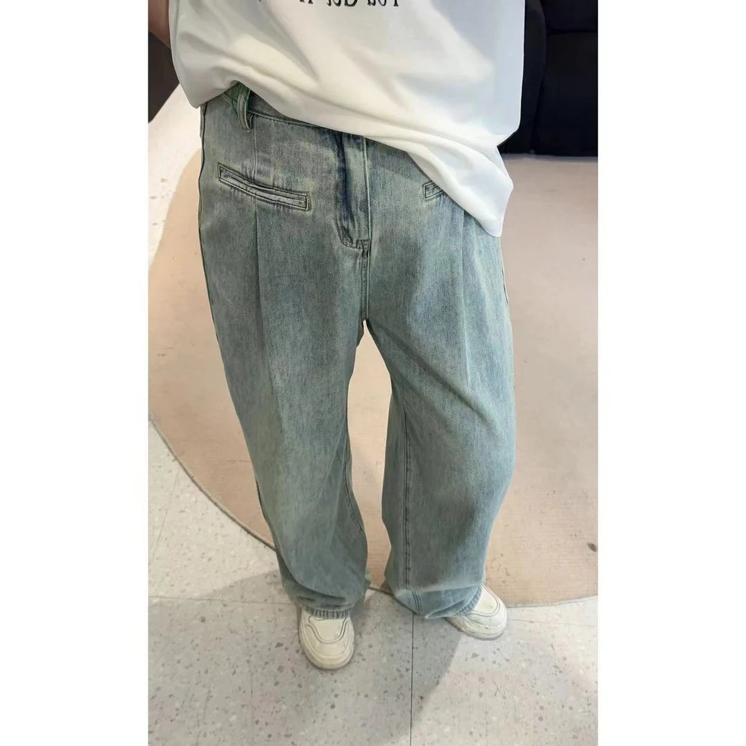 晶咕【长腿魔法】高腰褶皱牛仔阔腿裤百搭夏季复古宽松韩版