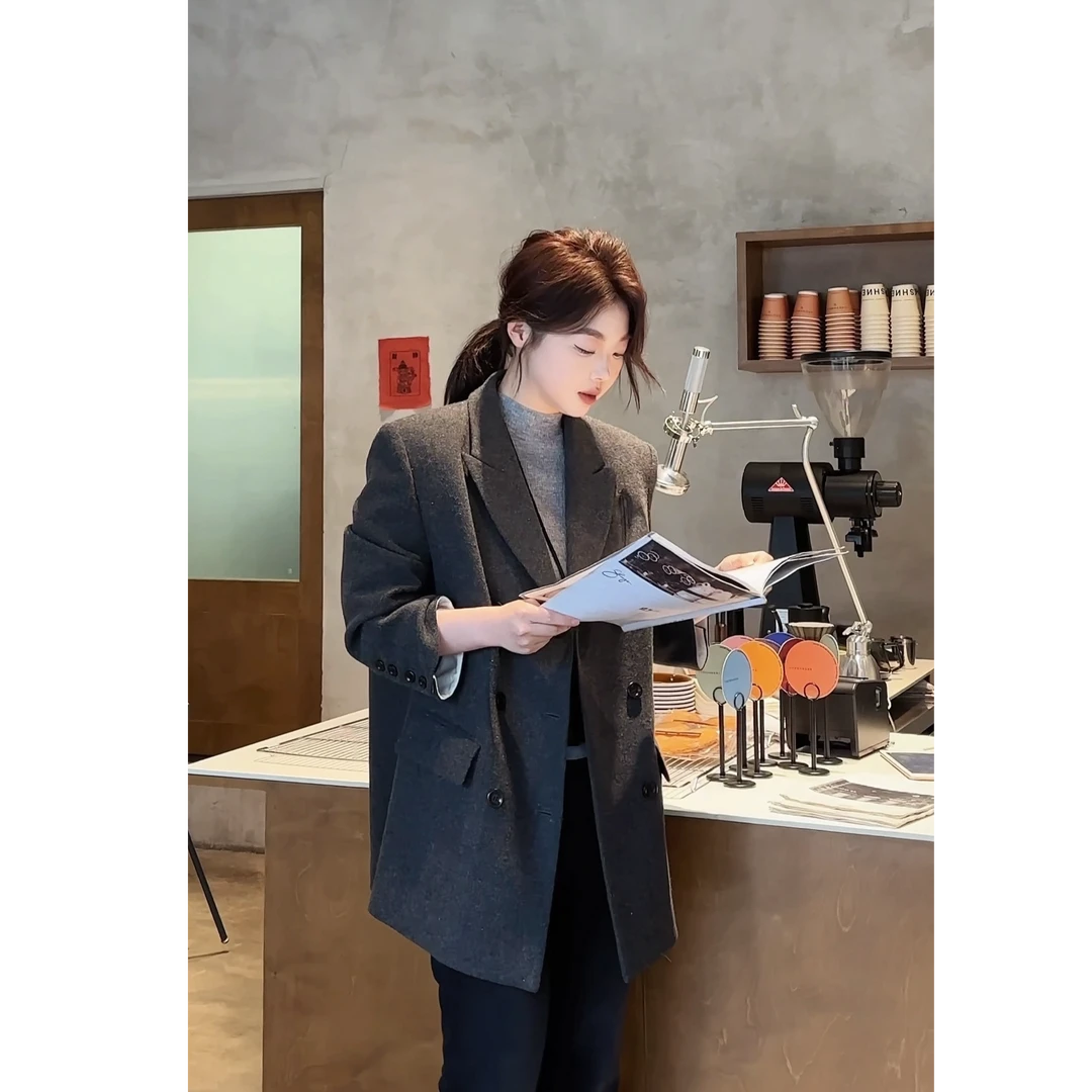 晶咕【私服系列】英伦风双排扣复古纹理感毛呢厚西装外套