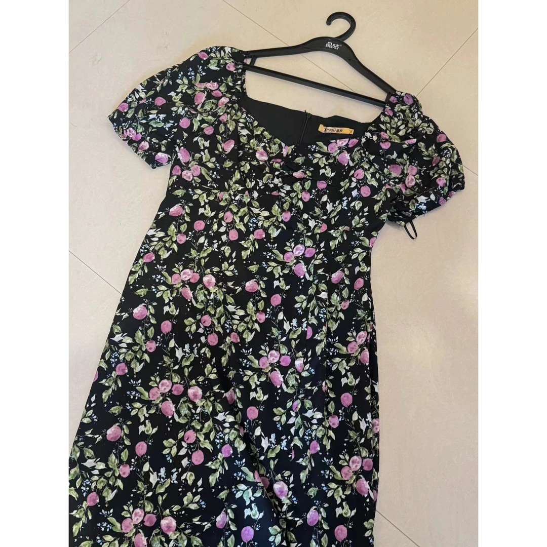 晶咕JGGU黑色法式方领碎花长短款连衣裙显瘦时尚设计师修身印花