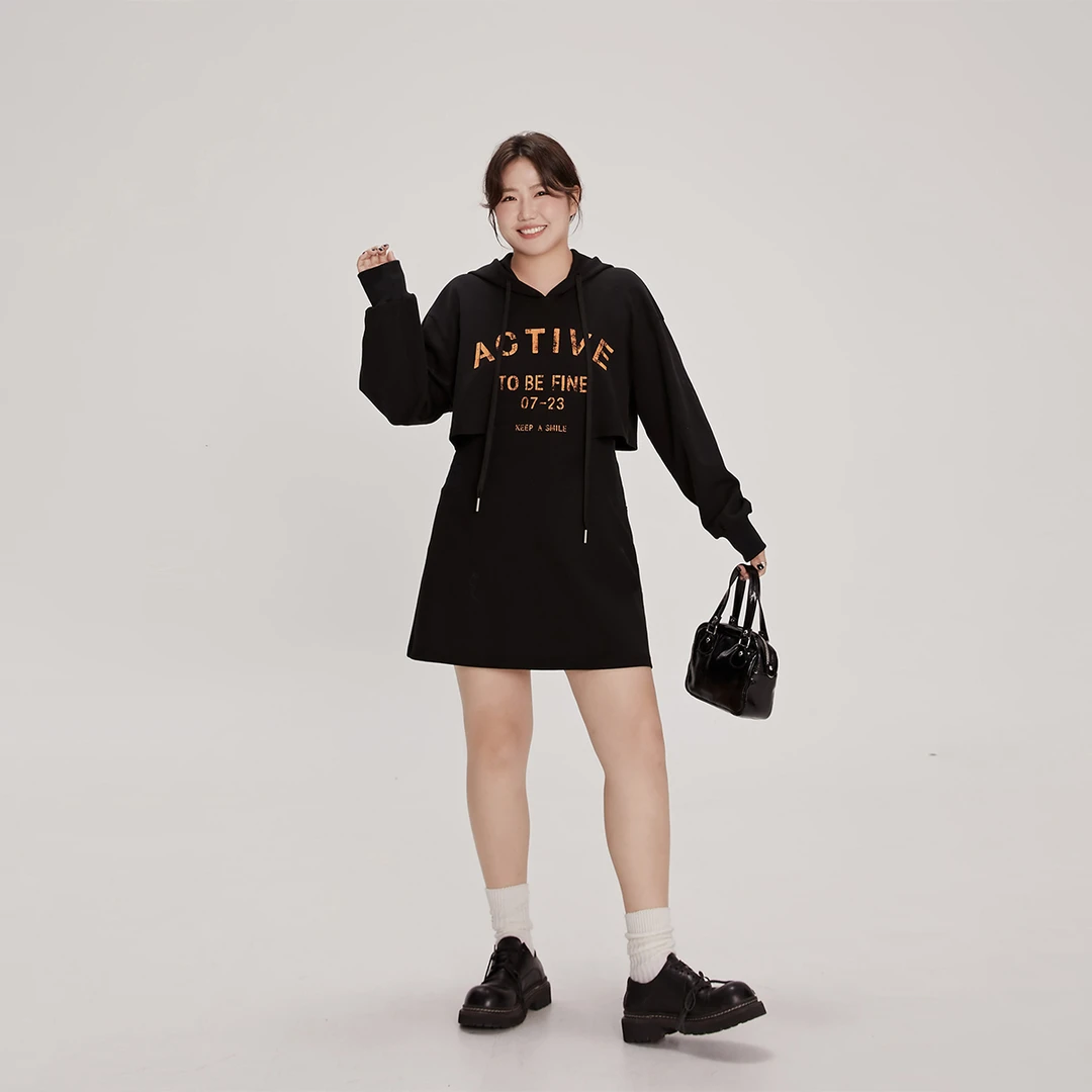 晶咕绿标~宽松连帽镂空露腰卫衣裙女秋季时尚百搭休闲复古裙子