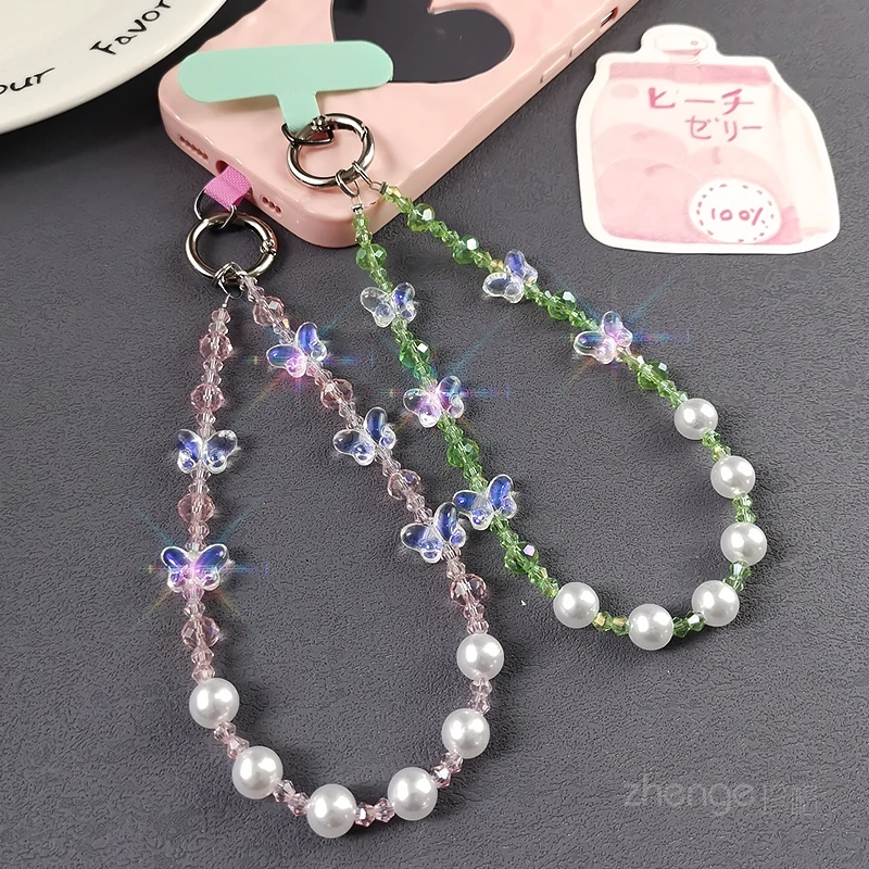 彩蝶菱形珍珠手机链女手工串珠挂链手提手腕挂饰夹片式手机壳挂绳