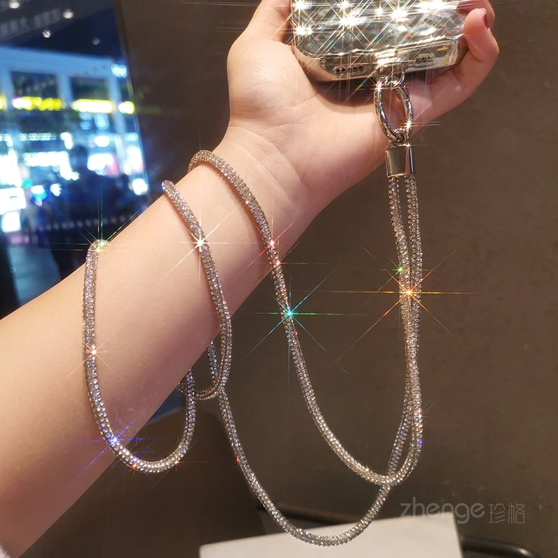 斜挎款满钻挂链女ins手机挂绳长款挂脖背绳背带背链金属夹片