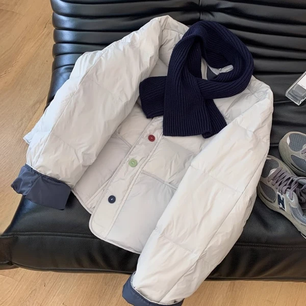 【送围巾】韩系温柔奶蓝色棉服女秋冬季百搭宽松小个子撞色圆领短款