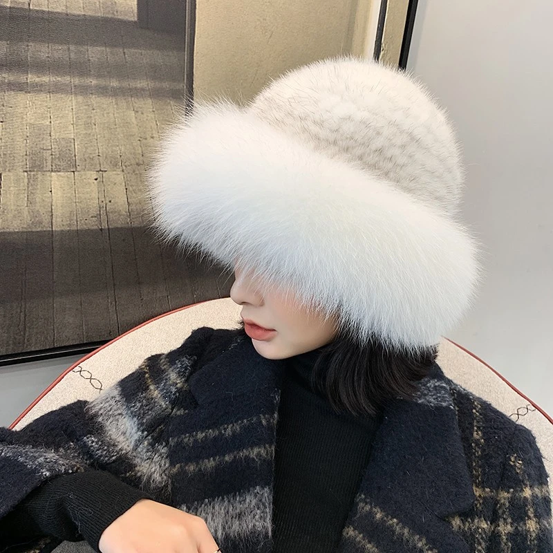 秋冬帽子女水貂毛编织配狐狸毛 小圆帽皮草太阳盆帽渔夫帽显脸小