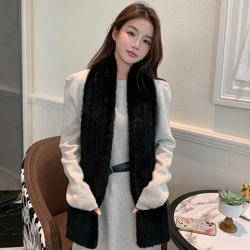 暖手皮草口袋围巾水貂毛双面加密编织真毛围巾围脖秋冬季披肩