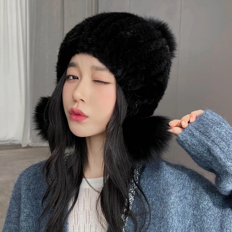 水貂编织+狐狸毛球 可爱甜美保暖帽子 冬季显脸小包头帽