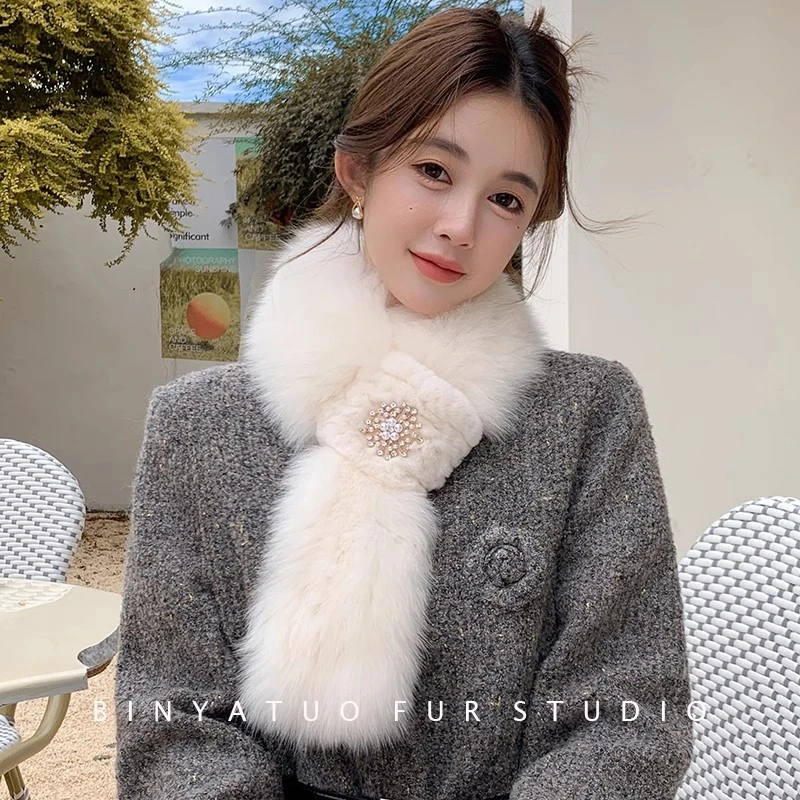 唯美精致狐狸毛围巾秋冬新款小香珍珠真毛皮草围巾獭兔环韩国围脖