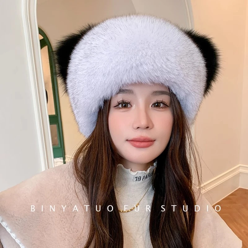 狐狸毛整皮可爱小熊帽子萌趣小耳朵真毛冬季保暖防风室外帽子