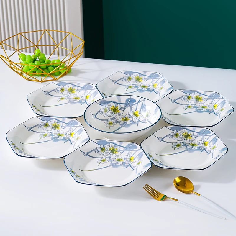 水仙花6+1六角盘子高颜值家用套装陶瓷家用水仙花