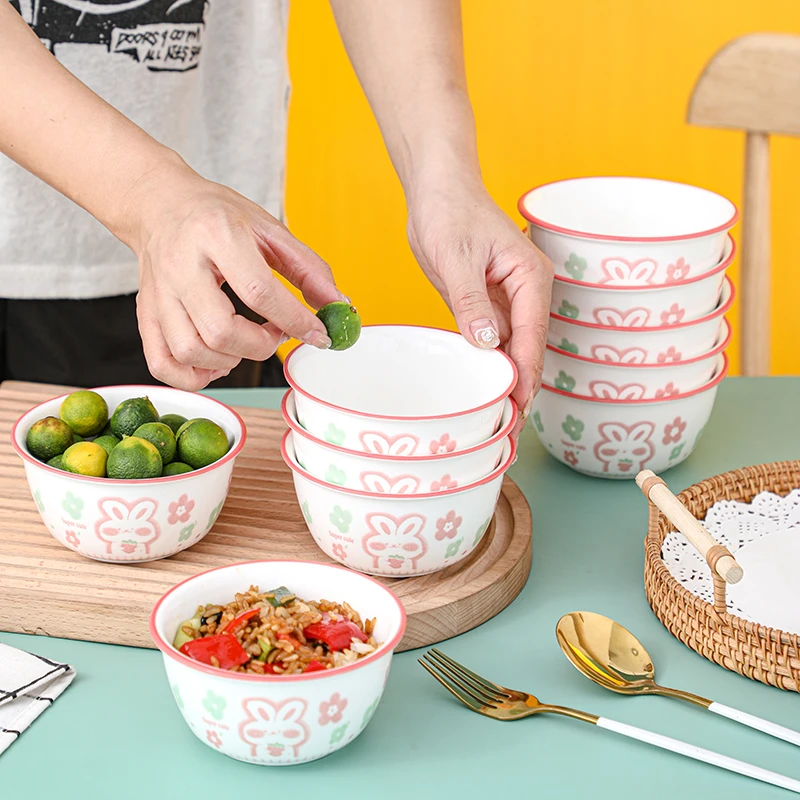 粉萌兔高颜值陶瓷餐具日式水果碗家用吃饭4.5英寸碗