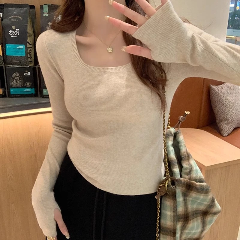 韩系修身方领针织打底衫毛衣女秋季新款显瘦软糯内搭短款长袖上衣