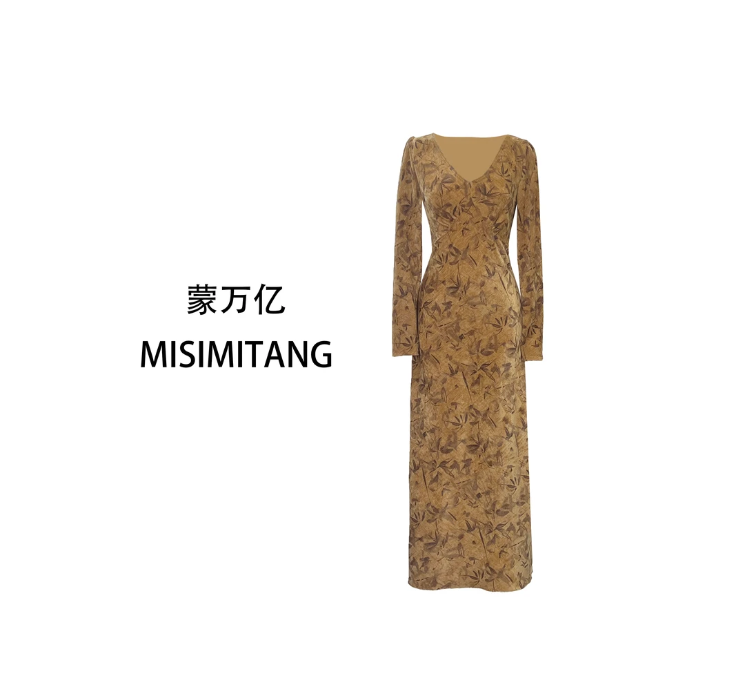 【落日晚枫】秋冬时尚长袖修身雪尼尔女装连衣裙复古法式秋冬轻奢