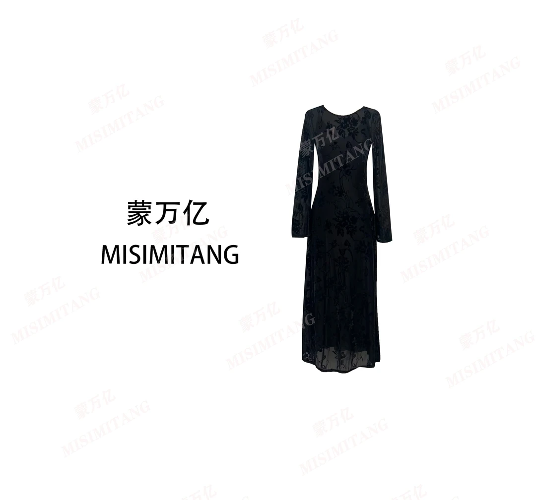 【云柔漫步两件套】秋冬时尚长袖修身植绒黑色女装连衣裙显瘦大码