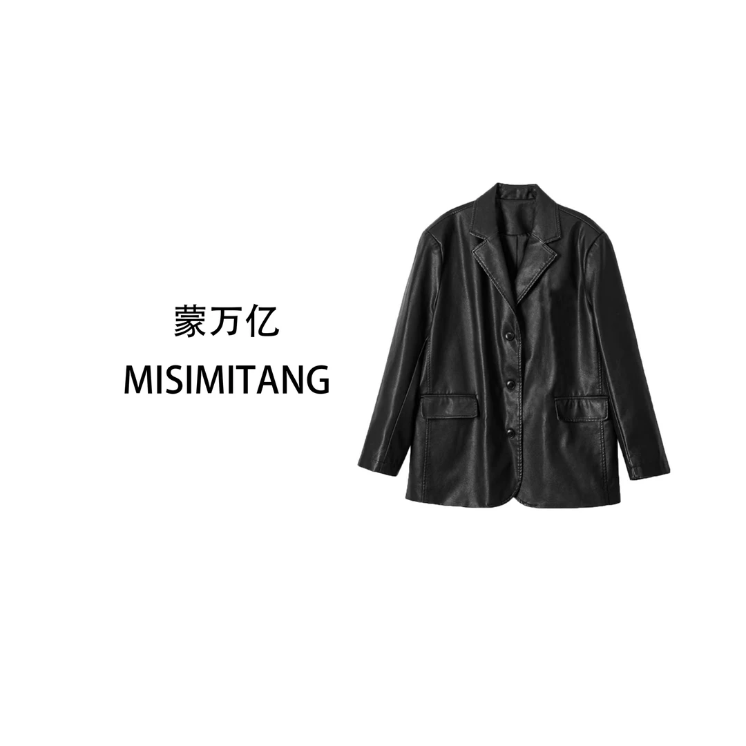 【冬日特调】新款秋季黑色PU皮翻驳领气质皮衣外套复古皮衣女外套