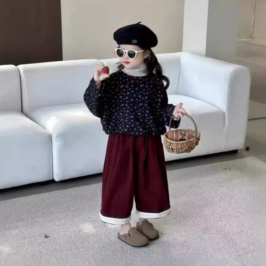 2024韩版童装秋季新款女童长袖复古碎花套头上衣百搭洋气打底衫