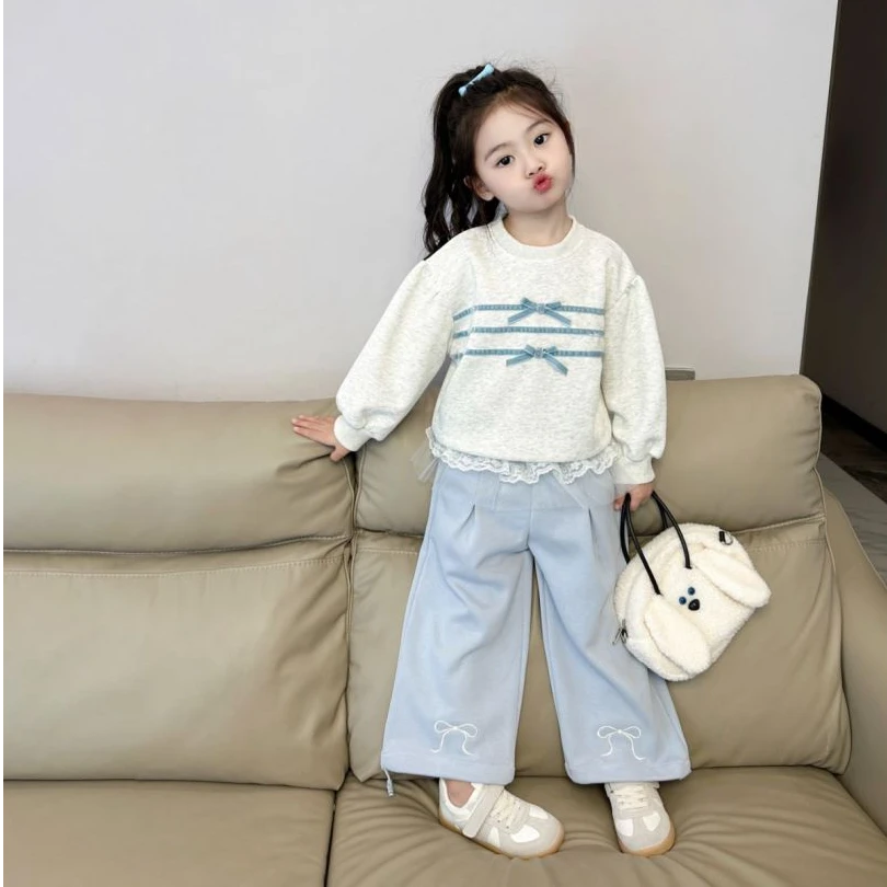 女童韩版休闲套装2024秋季新款儿童长袖春秋衫蓝色宽松裤子两件套