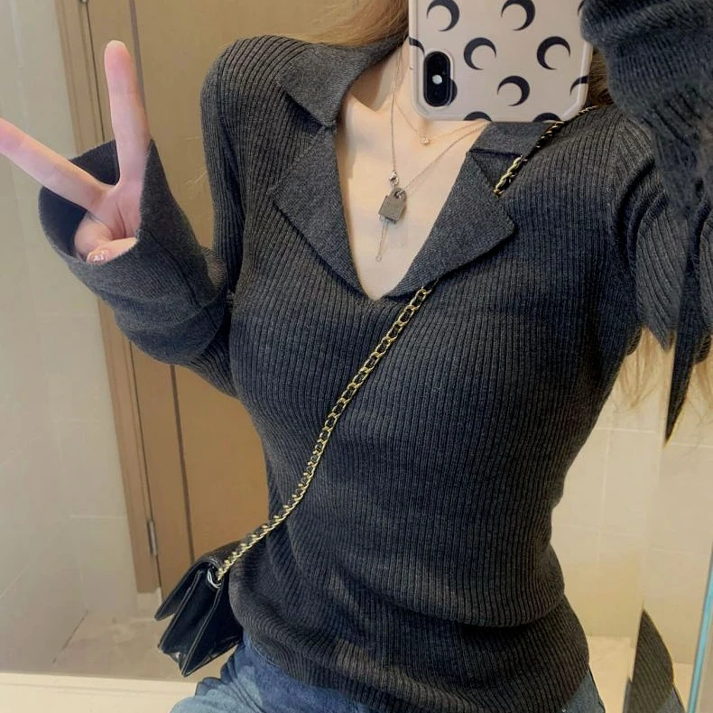 2024秋冬新款V领长袖纯色打底衫T恤女71933