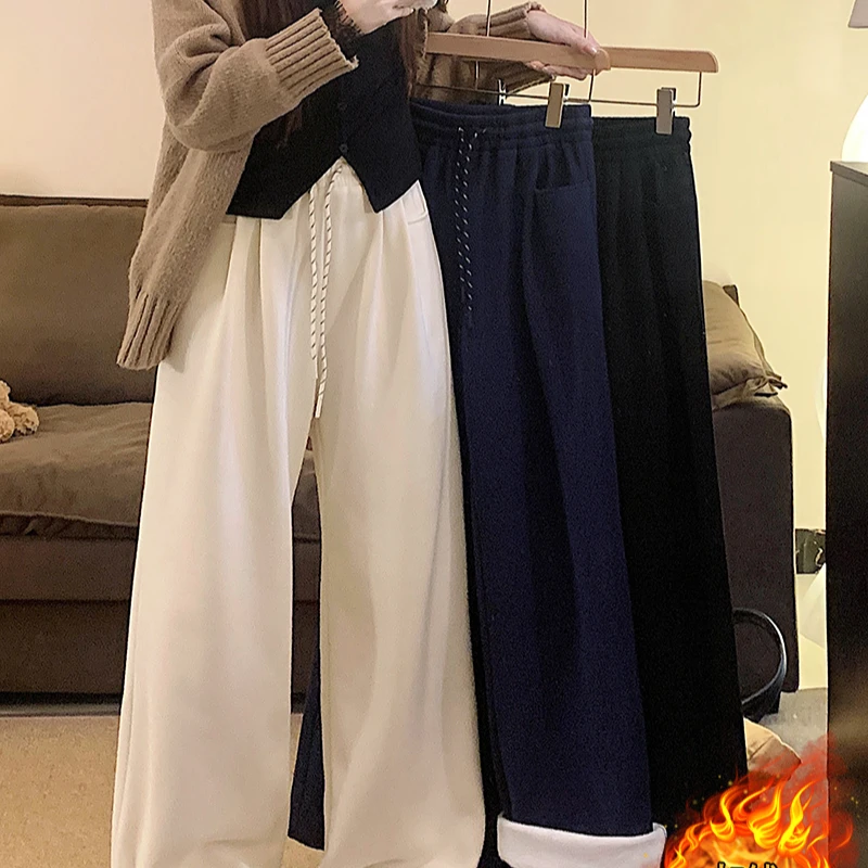 2024秋冬新款大码女松紧腰加绒加厚保暖休闲长裤阔腿裤33423