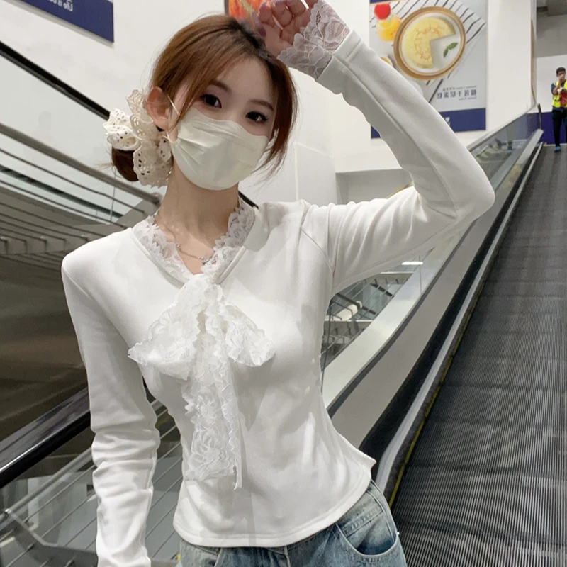 【安安】2024秋冬新款大码女甜美别致蕾丝拼接修身长袖打底衫33393