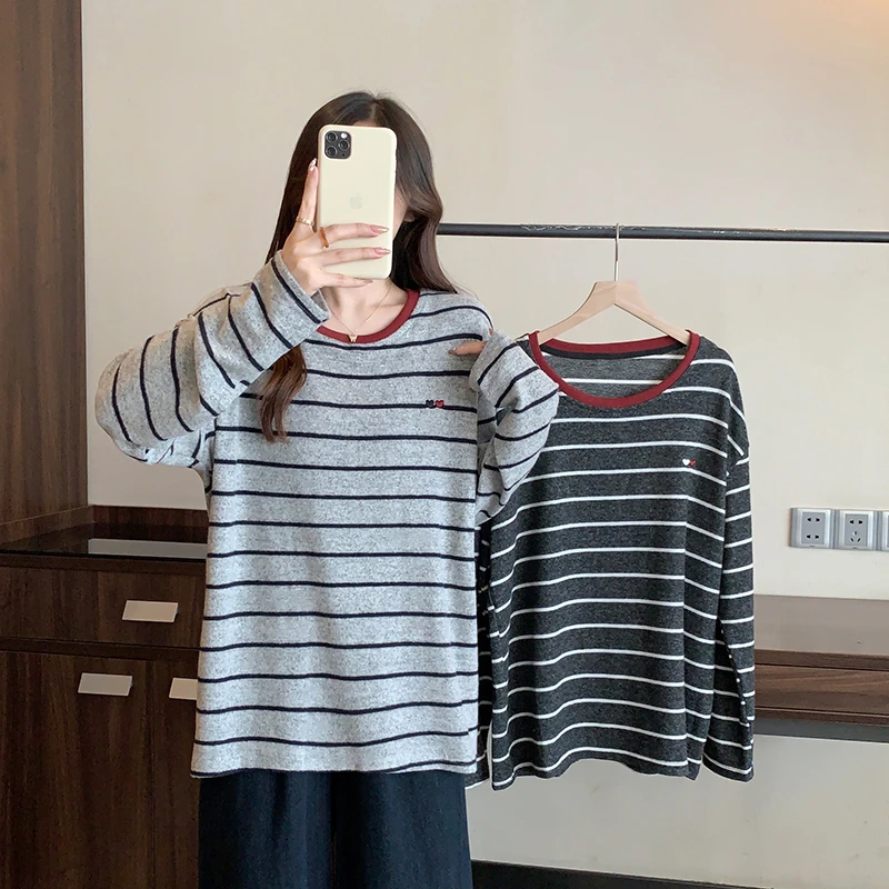 2024秋冬新款胖mm大码女时尚撞色条纹爱心加厚内搭打底衫