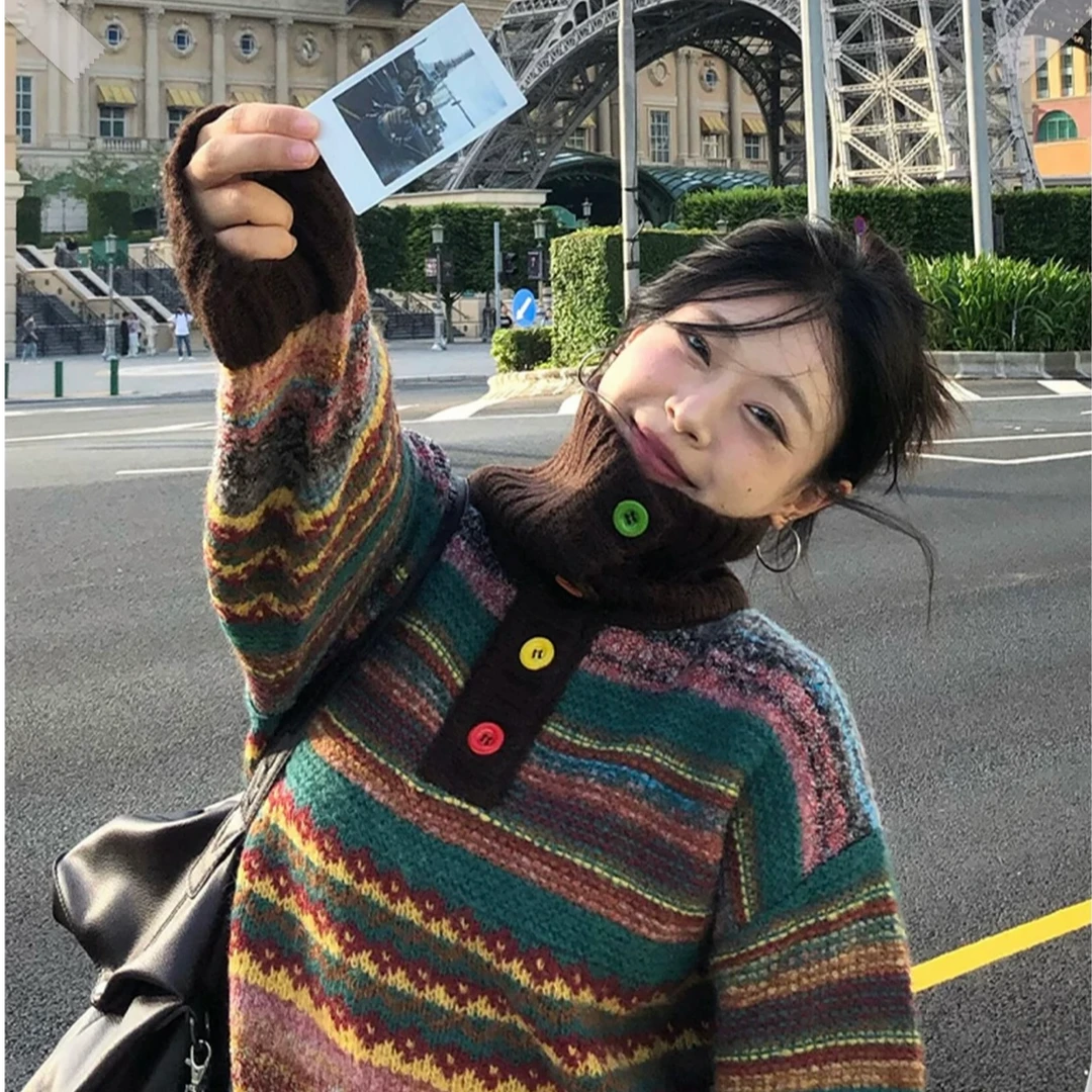2024秋冬新款韩版复古撞色高领长袖针织毛衣女慵懒风百搭上衣023