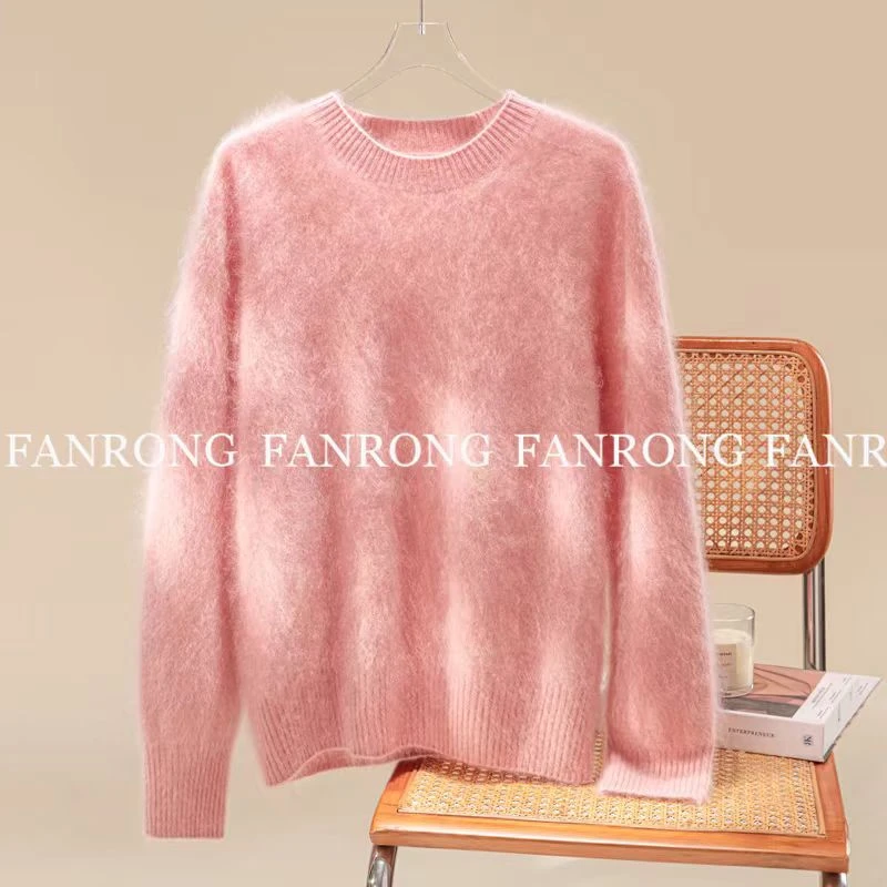 正品【100%拉绒】长毛山羊绒衫冬季纯色宽松版女圆领新款百搭打底衫