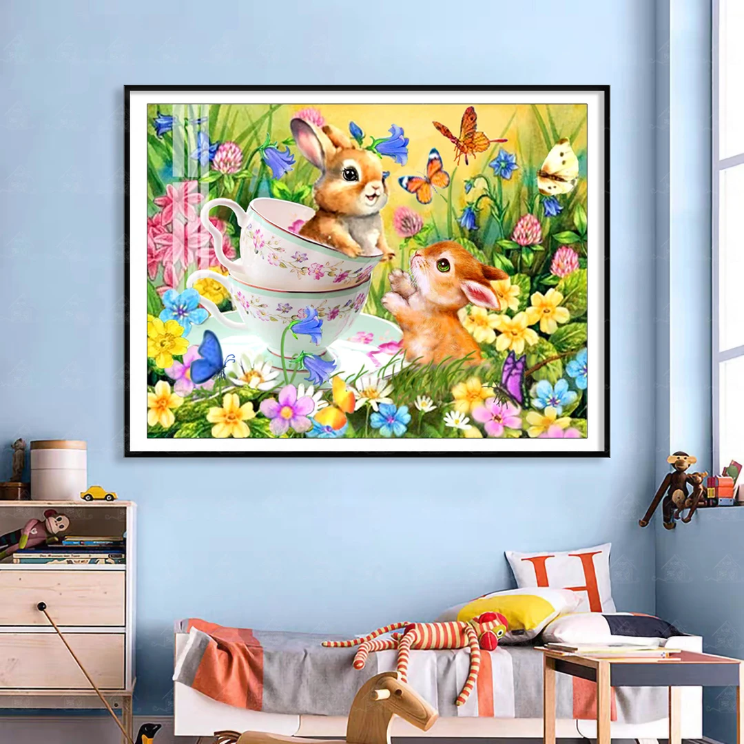 爱阁十字绣 花间茶杯兔 2025新款简约可爱手工线绣治愈系自己绣