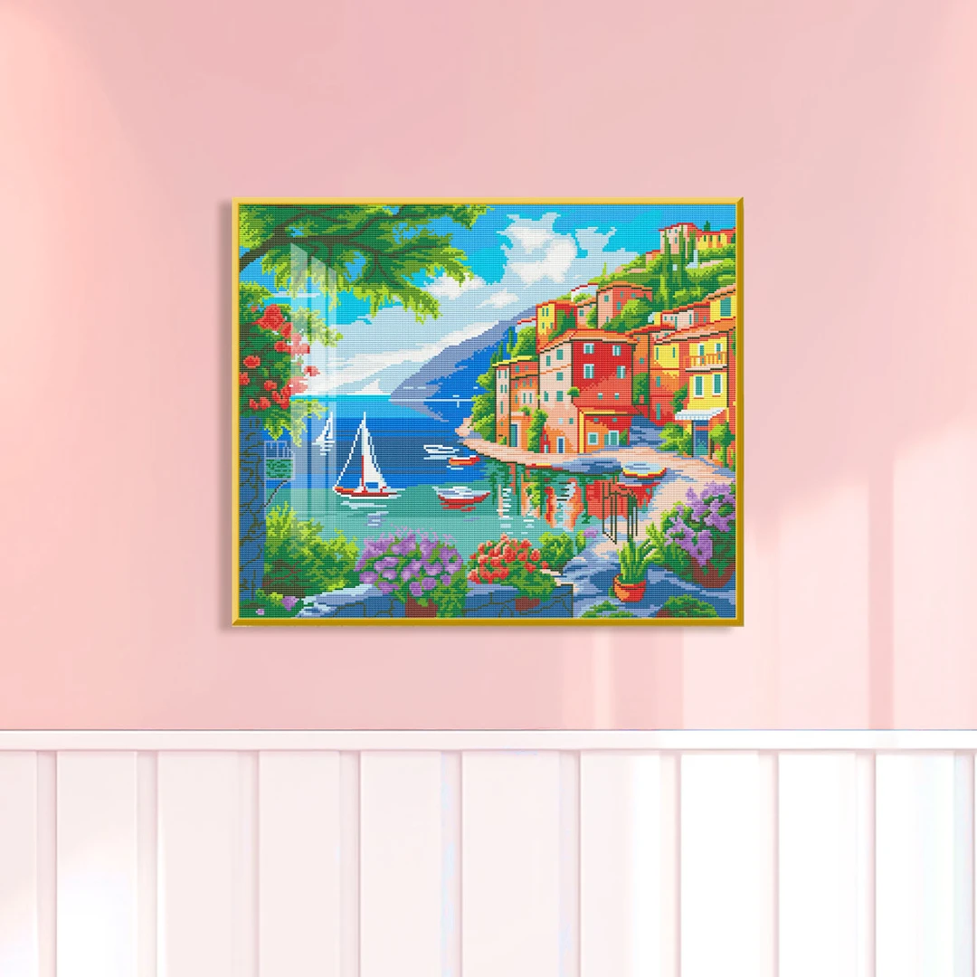 【进口棉布】爱阁十字绣水边的彩屋新款简约小件清新可爱客厅手工绣