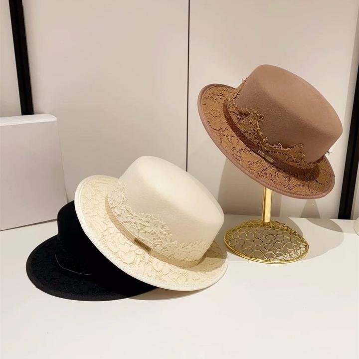 【Vanna羊毛】优雅蕾丝皮带羊毛平顶帽冬季女士复古毛呢平檐帽5.5