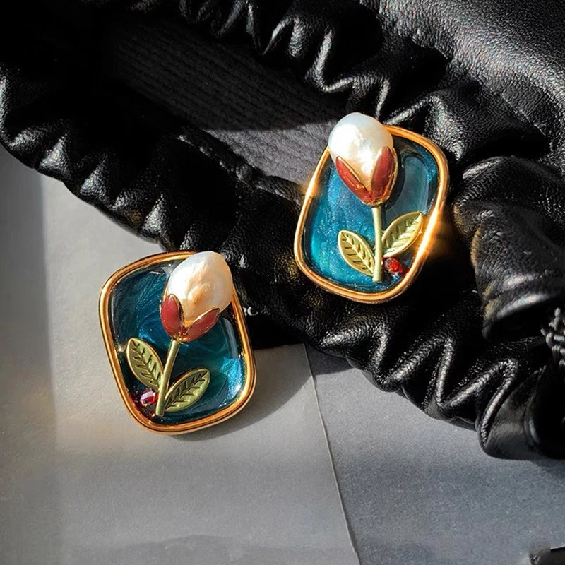 铜合金耳饰 复古耳环气质蓝色时尚法式设计师优雅中古131